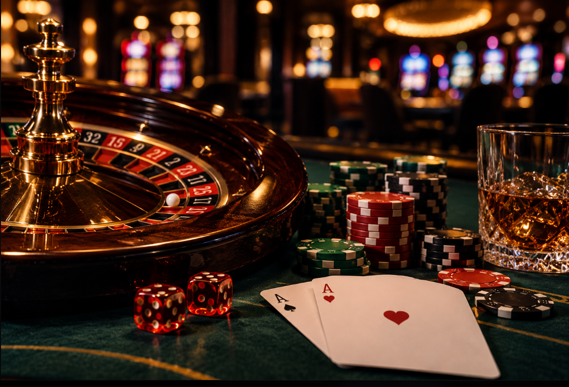 Roulettewiel met pokerchips, speelkaarten en dobbelstenen op een casinotafel